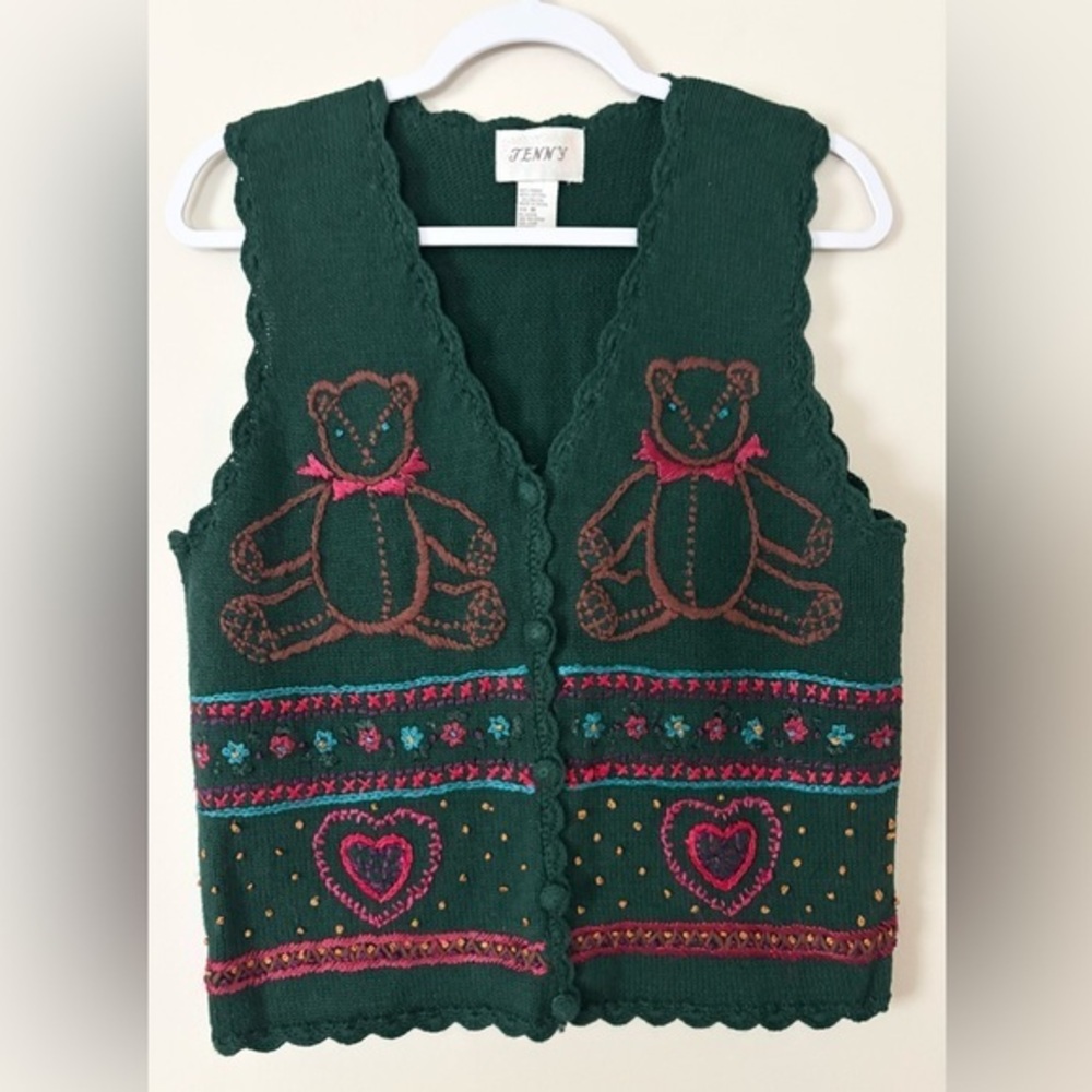 Vintage Jenny Cottagecore Grannie Embroidered Cutesy Teddy Bear Sweater Vest